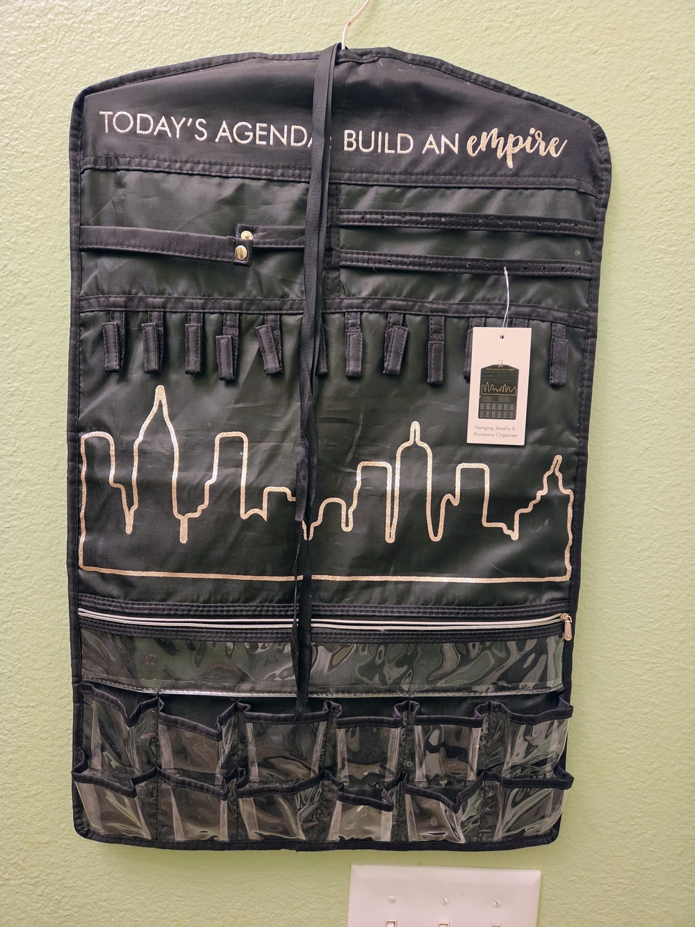 Black Jewelry Organizer with Gold Skyline and “Today’s Agenda, Build an Empire”